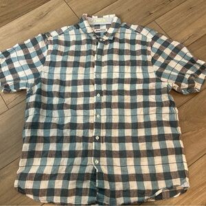 Tommy Bahama Linen Shirt Blue Checkered Coastal Beachy Travel Resort Mens Large